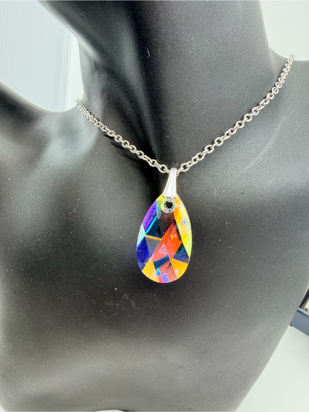 Swarovski Crystal AB Teardrop Pendant Necklace | Silver Plated